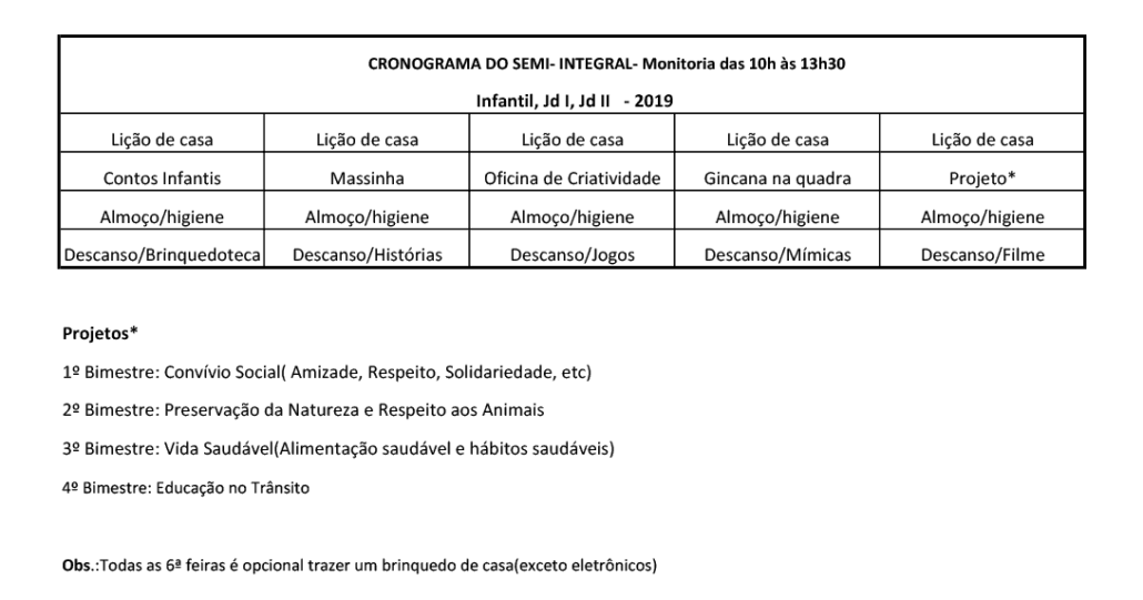 Cronograma Integral e Semi Integral