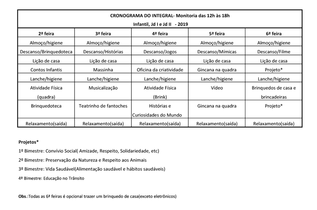Cronograma Integral e Semi Integral