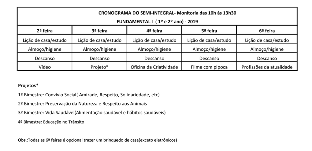 Cronograma Integral e Semi Integral