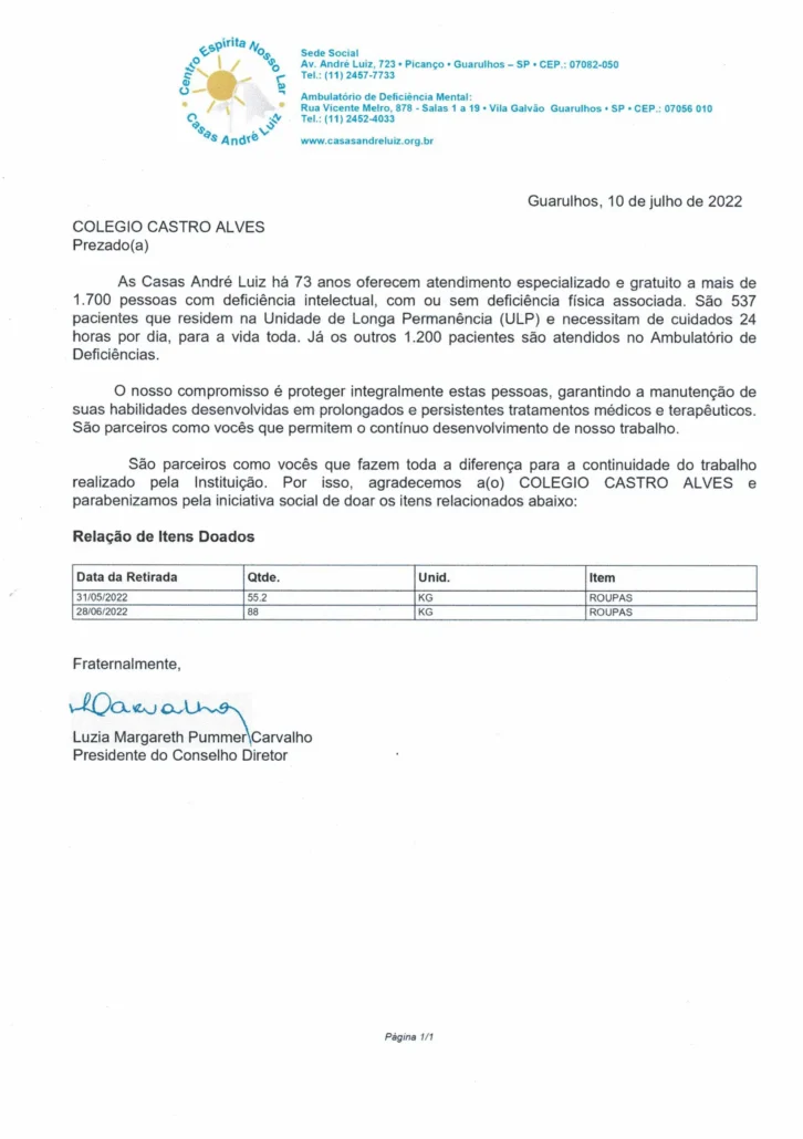 Carta de agradecimento das Casas André Luiz